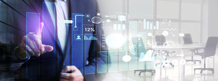 Business consultant using virtual screen in office
