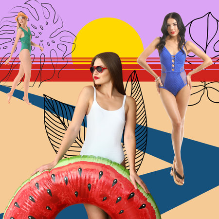 Collage of beautiful young women in stylish swimsuits on color backgroundの写真素材