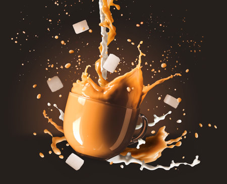 Glass cup with splashing coffee and milk on dark backgroundの写真素材