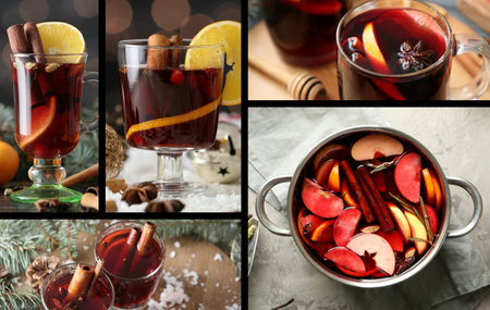 Collage of tasty mulled wineの写真素材