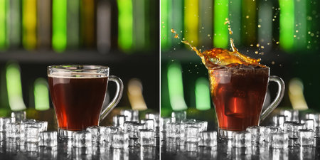 Set of glass cup with iced coffee on dark backgroundの写真素材