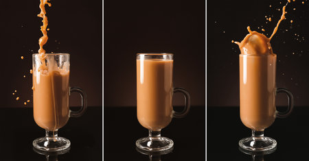Set of glass cup with iced coffee on dark background