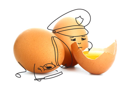 Funny egg policemen investigating a crime scene on white background
