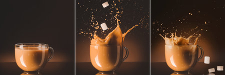 Set of glass cup with iced coffee on dark backgroundの写真素材
