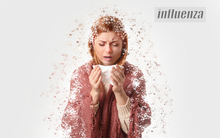 Woman ill with influenza on light background