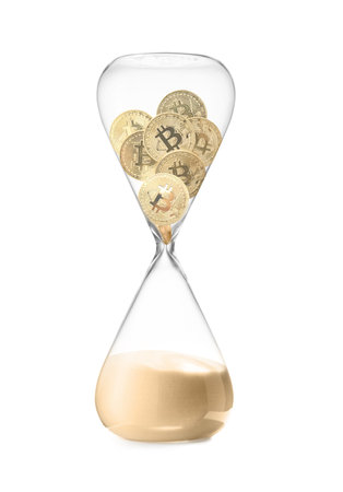 Hourglass with bitcoins on white background. Time is money