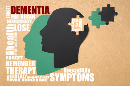 Human heads on color background. Concept of dementiaの写真素材