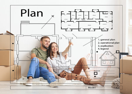 Happy couple planning design of their new houseの写真素材