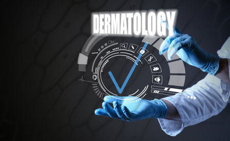 Hands of dermatologist using virtual screen against dark backgroundの写真素材