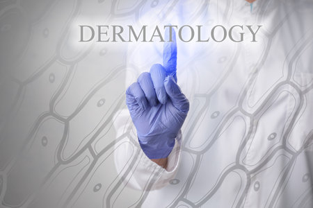 Double exposure of human skin texture and doctor touching word DERMATOLOGY on virtual screenの写真素材