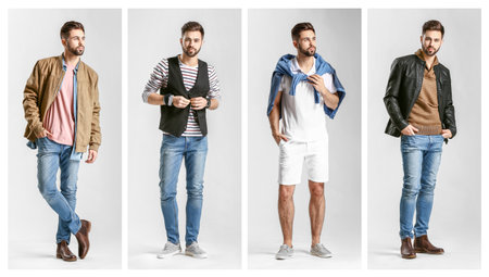 Collage of handsome stylish young man on light backgroundの写真素材