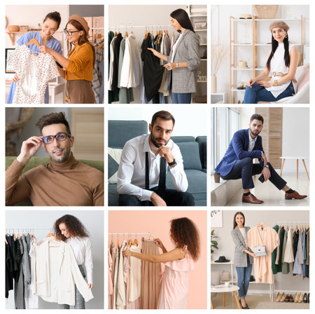 Collage of photos with different young clothes stylists at workplaceの写真素材