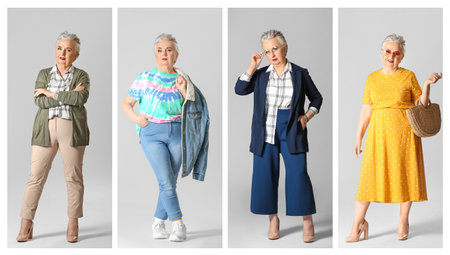 Collage of fashionable elderly woman on light backgroundの写真素材