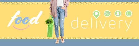 Young woman holding bag with food from supermarket on color backgroundの写真素材