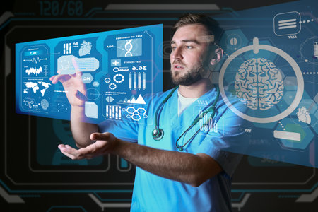 Male doctor using virtual screen on dark background