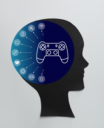 Human head with video games icons on light background