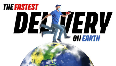 Planet Earth with running male courier of food delivery service in medical mask on white backgroundの写真素材