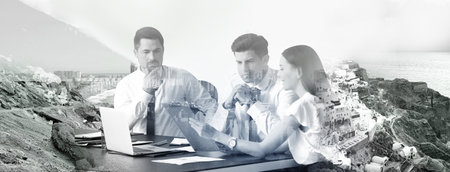 Double exposure of business people and seacoast city