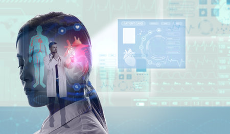 Multiple exposure of silhouette of woman, patient card and doctor using virtual screen. Innovative technologies in medicineの写真素材