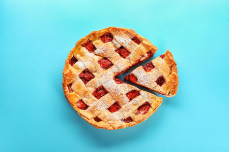Tasty strawberry pie on color backgroundの写真素材