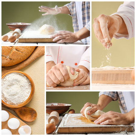Collage of photos with man making dough in kitchen