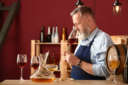 Mature sommelier working in wine cellarの写真素材