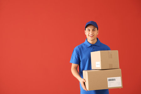 Delivery man with boxes on color backgroundの写真素材