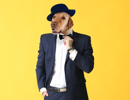 Stylish man with head of dog on color backgroundの写真素材