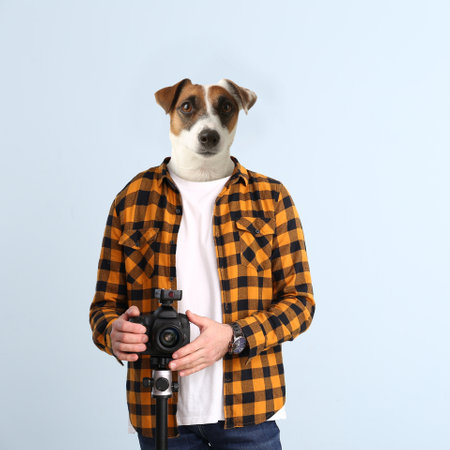 Photographer with head of dog on light color backgroundの写真素材