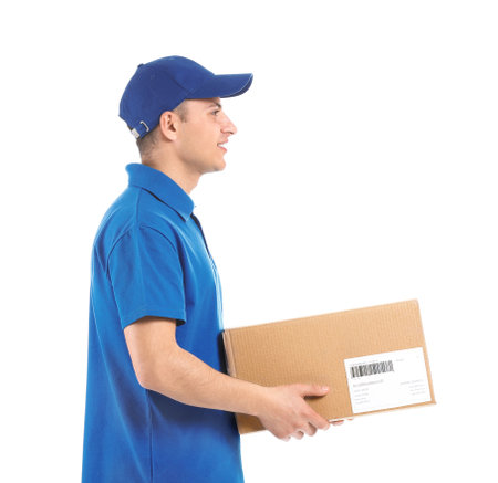 Delivery man with box on white backgroundの写真素材