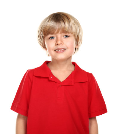 Cute little boy on white backgroundの写真素材
