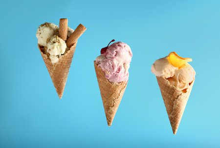 Assortment of tasty ice cream on color background