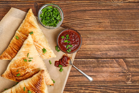 Delicious samosas with sauce on wooden table
