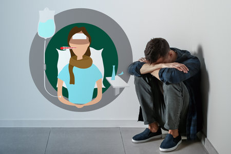 Depressed young man worrying about diseased girlfriend in hospitalの写真素材
