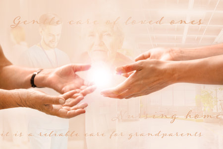 Collage with hands of young and elderly woman on color background. Concept of nursing homeの写真素材