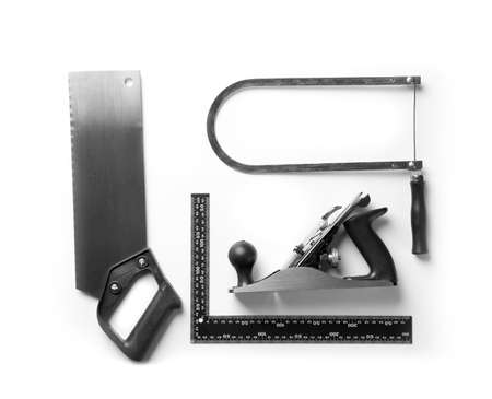 Set of carpenter's tools on white backgroundの写真素材