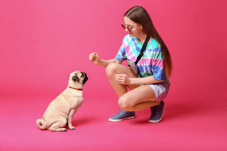 Teenage girl with cute pug dog on color backgroundの写真素材