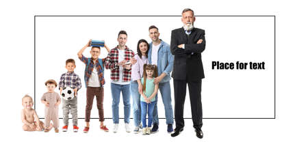Many people of different ages on white background with space for text. Concept of life journeyの写真素材