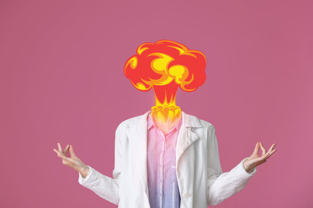 Meditating young woman with atomic bomb explosion instead of head on color background