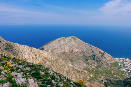 Beautiful view of mountains at sea resortの写真素材