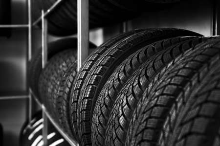 Car tires in automobile store, closeupの写真素材