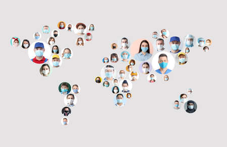 Collage of different people wearing medical masks from around world on gray backgroundの写真素材