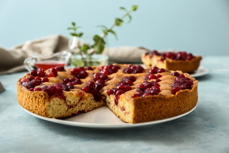 Tasty cranberry pie on tableの写真素材