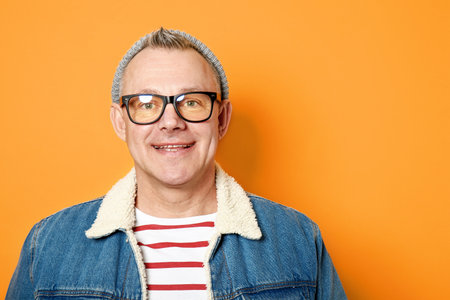 Stylish middle-aged man on color background