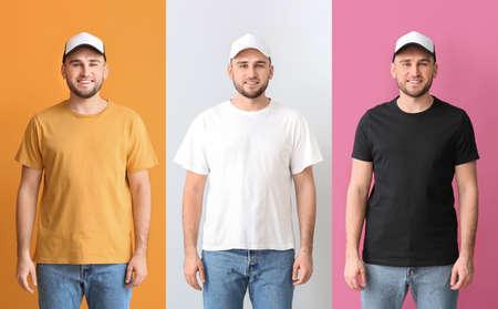 Collage of young man in stylish t-shirts and caps