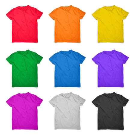 Collection of bright t-shirts on white backgroundの写真素材