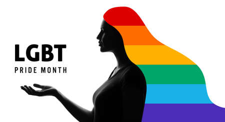 Silhouette of woman with rainbow hair on white background with text LGBT PRIDE MONTHの写真素材