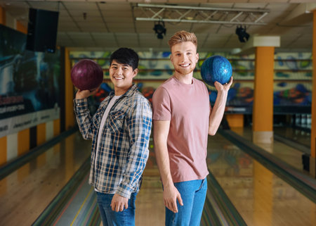 Portrait of friends in bowling club