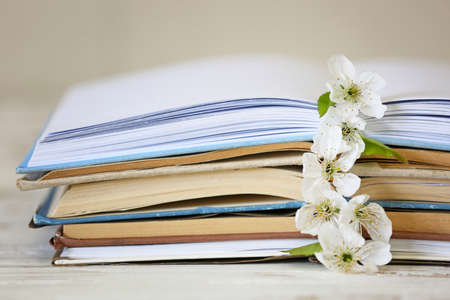 Open books and beautiful flowers on table, closeup