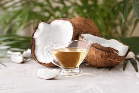 Composition with coconut oil on table